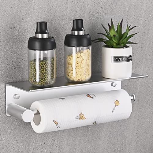 HANFU Portarrollos Cocina de Pared, Porta Rollos de Papel Cocina Adhesivo Sin Taladrar Soporte Papel Cocina, Aluminio Portarollos Cocina con Estante para Estanteria de Especias 34cm/13.4in, Plata