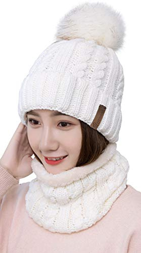 29 IYEBRAO Ensemble bonnet et écharpe d'hiver en tricot avec pompon et doublure en polaire épaisse pour femme, blanc, taille unique