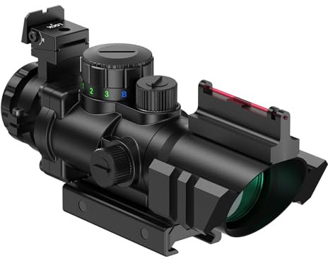 Feyachi Zielfernrohr 4x32mm Leuchtpunktvisier Rot-Grün-Blau Illuminated Airsoft Red Dot Visier mit Top Fiberoptik für Jagd, Softair und Armbrust mit 20mm/22mm Montage