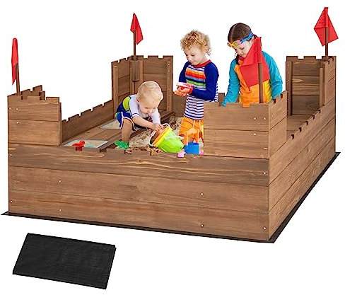 COSTWAY Bac à Sable en Bois Enfants 113 x 116cm avec 2 Bancs, Boîte à Sable sur Thème du Château avec 2 Boîte Amovibles & Drapeaux, Capacité de Sable 120L pour 2 Enfants de 3-8 Ans