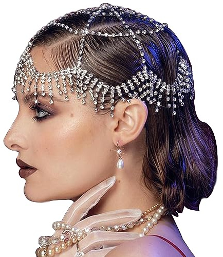 NAISKA 1920s Mesh Rhinestone Headband Cap Silver Tassel Crystal Head Chain Wedding Brides Headpieces Vintage Prom Costume Halloween Style Hair Accessories Jewelry for Women and Girls