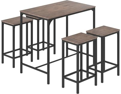 ReseeZac Table de Bar avec 4 Chaises, Cuisine Salle à Manger Set, Tabouret de Bar, pour Cuisine Salle à Manger Salon Taverne, Marron, 100x60x90CM