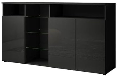 MB Muebles Bonitos | Sideboard Wohnzimmer | Breite 150 x Höhe 82 x Tiefe 40 cm | Modern | Farbe Schwarz mit Hochglanz Finish | 3 Türen | LED | Wohnzimmer TV Schrank | Modell Clark L