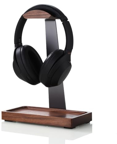 NIRVASH Walnut Headphone Stand, Wood Headset Stand for Desk, Gaming Headphone Holder with Storage Base Compatible with Airpod max, Bose, Razer, Sennheiser, Jabra, JBL, AKG, Vintage Gift for Men