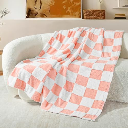 Exclusivo Mezcla Checkered Throw Blanket, Super Soft and Warm Fluffy Fleece Blanket for Couch, Sofa, Bed, Cute Plaid Pattern, Pink, 127x152 CM