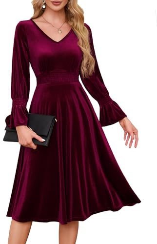 Meetjen Abito midi da donna in velluto con scollo a V a maniche lunghe elastico in vita abito smock eleganti abiti da cocktail 2024, Borgogna, XL