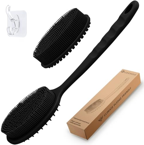 GEENOA Silicone Back Scrubber, Soft Silicone Loofah with Handle, Gentle Exfoliating Back Scrubber, Back Brush Bath Brush with Two Dual-Side & Detachable Brush Heads(Black-Two Heads)