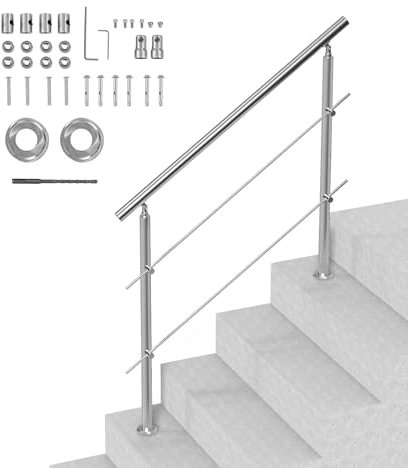 VEVOR Handrails for Outdoor Steps, 47.2in Length 2 Crossbars Stair Hand Rail Kit, Transitional Stainless Steel Railings w/Installation Kit, Double-Column Staircase Handrails for Seniors,Porch & Deck