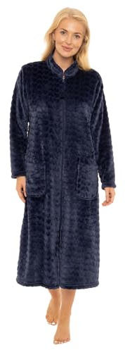 Suzy & Me Ladies Zip Front Soft Embossed Fleece Dressing Gown (NAVY 28-30)