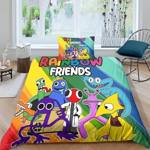 LIAOHENKAN Rainbow Friends Bettbezug Set 3D Gedruckter Game Für Kinder Mädchen Jungen Bettwäschegarnitur Und Kissenbezüge Reissverschluss Weich Microfaser Bettwäsche 2 Teilig Single(135x200cm)