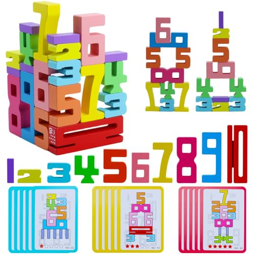 Aischens Bloques Numéricos de Madera para Niños, Bloques de Construcción de Números del 1 al 10 Montessori, Bloques de Números de Madera Apilables Multicolor para Apilar, con 15 Tarjetas