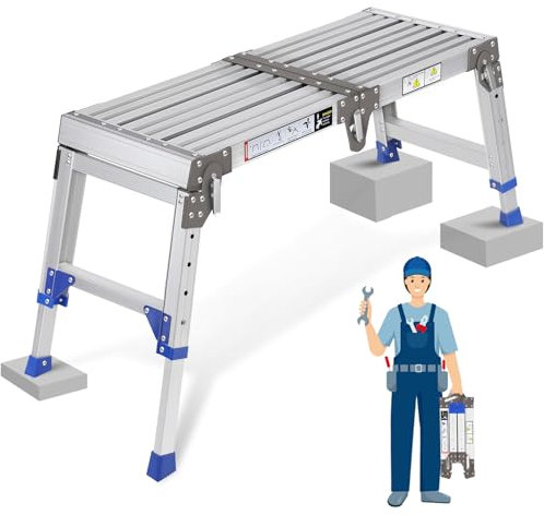 Plataforma de trabajo de aluminio mejorada plegable hasta 362 kg, plataforma de trabajo, escalera escalonada de aluminio ajustable con cerraduras de seguridad, pedestal para escaleras