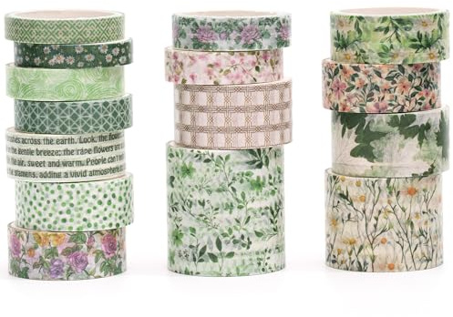 Songdao Set med 15 rullar blommig washi-tejp, färgglada kreativa dekorativa band för konst, gör-det-själv-hantverk, kuglejournaler, planering, scrapbooking, förpackning (1-botanical freshness)