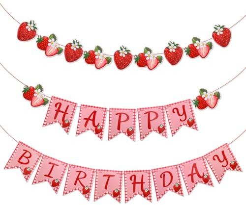 Jordgubbsfödelsedagsbanner, Jordgubbstema Party Dekorationer Happy Birthday Hängande Banner för Baby Girl Shower Party Dekoration