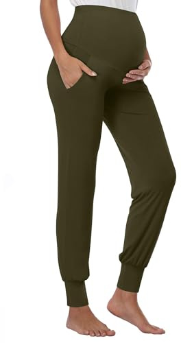 Shen&Qege Pantaloni premaman sopra la pancia pantaloni della tuta elasticizzati comodi pantaloni gravidanza con tasche, Verde militare, M