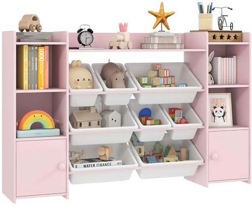 AIYAPLAY Kinderregal, Spielzeugregal Bücherregal mit 8 herausnehmbaren Aufbewahrungsboxen, 4 offenen Fächern, 2 Schrankfächer, für Kinderzimmer, Spielzimmer, Wohnzimmer, 140 x 30 x 90 cm, Rosa