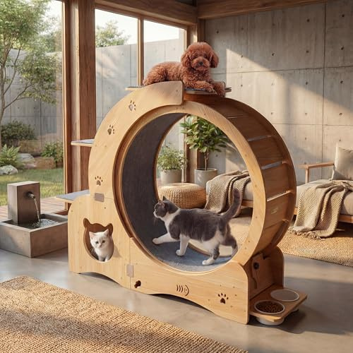 Rueda de Ejercicio para Gatos de Madera Maciza 5 en 1 (100cm) con Casita Integrada, Rascador, Plataformas y Cuencos – Cinta de Correr Silenciosa y Estable para Gatos Grandes y Perros Pequeños