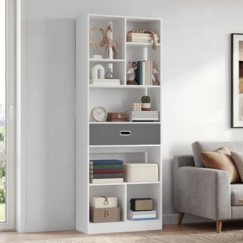 YITAHOME Tall Bookcase, Freestanding Display Shelf with with 7 Open Cubes and 1 Fabric Drawer for Living Room, Bedroom, Office, White, 60W × 24D × 170H CM