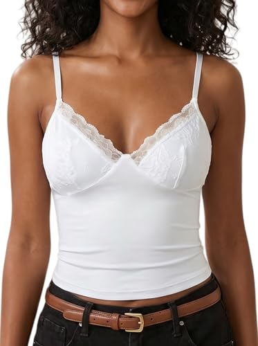 Xiaoliny Débardeurs Femme Dentelle Sexy Top Caraco sans Manches Col en V Été Haut Court Chic et Élégant Crop Tops à Bretelles Spaghetti Ajustables Y2K Slim Fit Camisole Shirt pour Casual Fête