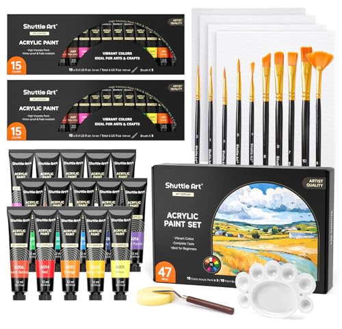 Shuttle Art 47 Pack Acrylic Paints Set, 15 Colours (12ml Each, 2Pack) Acrylic Paint with 10 Brushes, Canvas, Knife, Palette, Complete Paint Set for Canvas Wood Ceramic, Art Paints for Beginner Adults