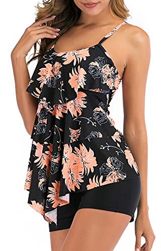 FLYILY Maillot de Bain Tankini 2 Pièces pour Femme avec Haut Imprimé à Volants et Short(T-BlackFlower,M)