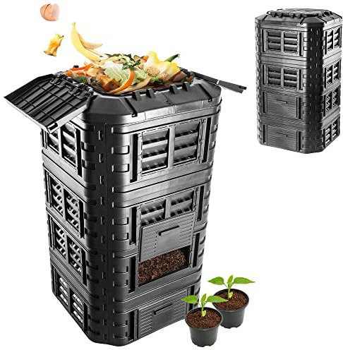 KADAX Compostador de plástico rápido, compostador con botones a presión, compostador térmico negro con tapa plegable (1260 L)