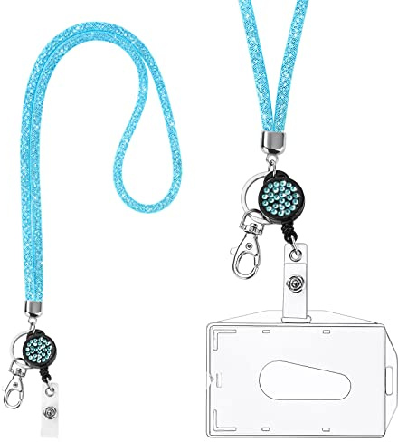 Vicloon Porta Badge Titulares con Cristal Cordon, Transparentes Portatarjetas de Identificación con Lanyard y Llavero Retráctil, Portatarjetas Colgante, para Tarjeta Tráfico Escuela-Azul Claro | Llavero, cinta para tarjetas de identificación, kit para llaveros e identificación, color azul claro