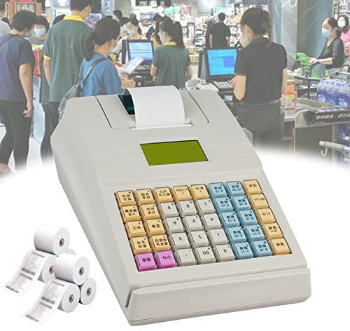 DOZPAL 40-Tasten-Registrierkasse mit Flacher Tastatur und Thermodrucker, elektronische Mini-Registrierkasse für kleine Unternehmen, Supermärkte, 30 Quittungsdruckpapier
