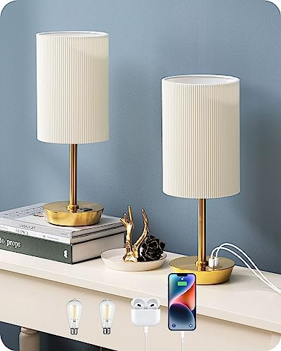 EDISHINE LED Nachttischlampe Touch Dimmbar 2er Set, Tischlampe Modern, Kleine Lampe, mit Ladefunktion, 2 USB Anschlüsse, mit Kabel, für Schlafzimmer, Wohnzimmer, Fensterbank, Geschenk, Gold