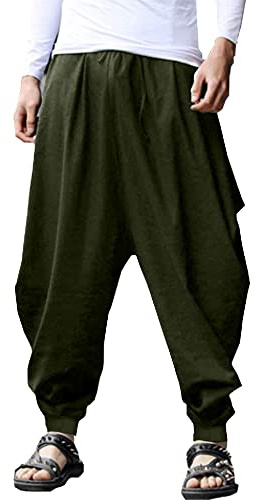 YAOHUOLE Mens Wide Leg Trousers Mens Harem Pants UK Hippy Trousers Baggy Pants Men Harem Japanese Hippie Clothes Men Army Green 3XL