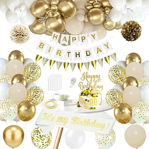 WLKQY Geburtstagsdeko Mädchen Frauen, Beige Weiß Gold Party Deko Luftballons, Happy Birthday Banner Girlande Decorations, Geburtstag Schärpe, Pompoms, Kuchen Topper für Mädchen Frauen Party Deko