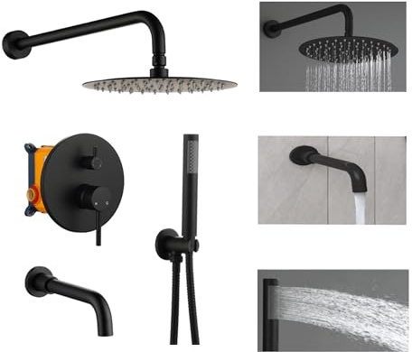 Black Shower System Set 10 Inch with Tub Spout Rainfall Shower Head System with Handheld Shower Head, Fixed Shower Head, Rough-in Valve Body