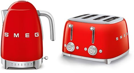 Smeg KLF04RDUK Jug Kettle with Acoustic Alarm, 3KW, 1.7L & TSF03RDUK 4 Slice Toaster, Extra Wide Slots, Red