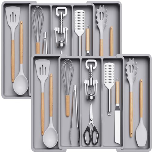 Lifewit besticklåda, förlängningsbar stor besticklåda för köket, justerbar bestickförvaring för silverbestick, plastredskap köksredskap slickepott verktyg och småprylar, Stor, 2 st., Grå