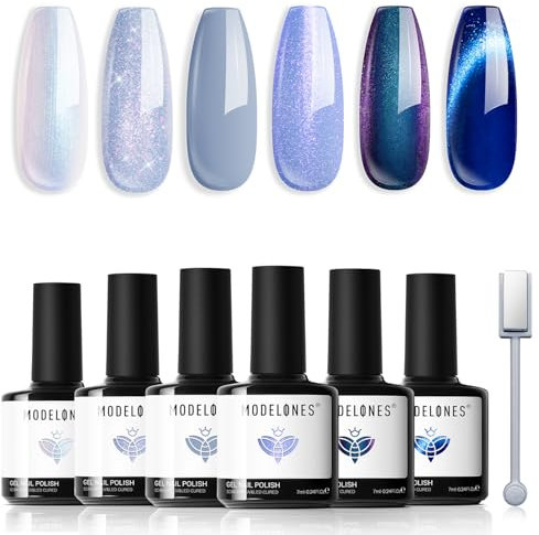 Modelones Gel Nail Polish Set - 6 Colors Blue Glitter Galaxy Dark Blue 9D Cat Eye With Magnet Shimmer Pearl Magnetic Polish Set for Nail Art DIY Salon Home
