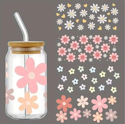 4pcs Retro Daisy Cup Wraps Winter UV DTF Transfer Waterproof Sticker for Glass Cups Furniture Craft DIY Crafts,Rub on Transfer Stickers for DIY Water Bottle Laptop Decal Wood Car