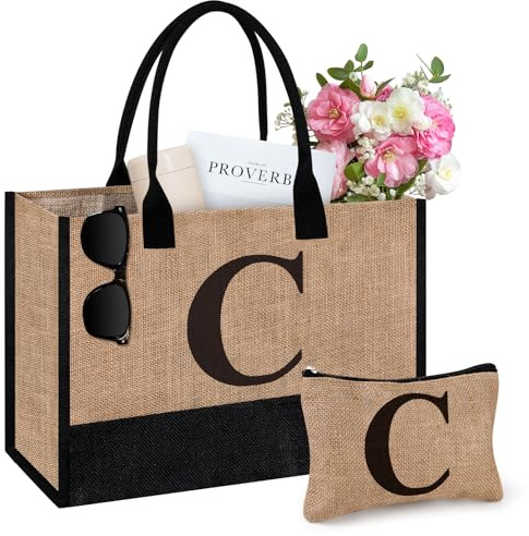Tecanne Initial Jute Tote Bag & Makeup Bag, Birthday Gifts for Women Her Mum Teacher, Suitable for Wedding, Beach, Holiday ©