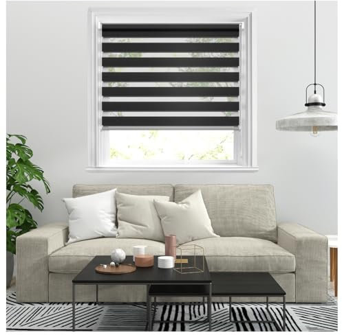 J.Din Zebra Roller Blinds Windows Door Curtain For Bedroom Light Filtering Day and Night Window Shades Blind Easy Fit Double Layer Fabric Translucent Vision Curtains (Black, 154cm x 210cm)