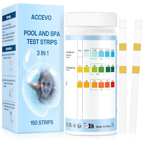 Accevo Bandelettes de test pour jacuzzi, Kit 3 en 1 pour tester l'eau de piscine pour le chlore/brome, le pH, l'alcalinité totale -Bandelettes de test faciles et précises pour les piscines et les spas