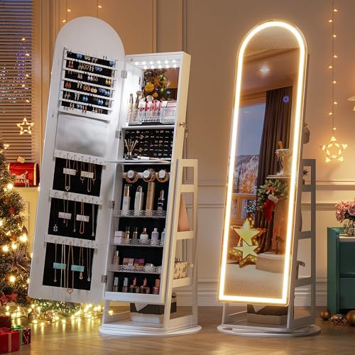 LVSOMT LED Schmuckschrank mit Bogen Spiegel, Spiegel Schmuckschrank Stehend, 360° Drehbar Schmuckspiegel Abschließbar, Gewölbter Ganzkörperspiegel mit 3 Farben Licht und Einstellbare Helligkeit, Weiß