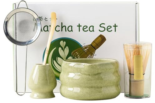 Set of 5 Matcha Tea Set with Whisk and Bowl, Matcha Kit for Ceremony Ceramic Matcha Bowl Gift for Tea Lovers(Matcha Green)