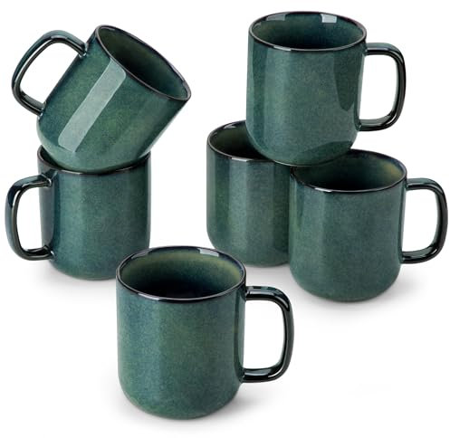 vancasso Set de 6 Tazas de Café Grandes de Gres - 480ml - Tazas de Desayuno con Asa para Leche, Té, Avena, Yogur – Resistente a Lavavajillas y Microondas – Esmaltado Reactivo Verde