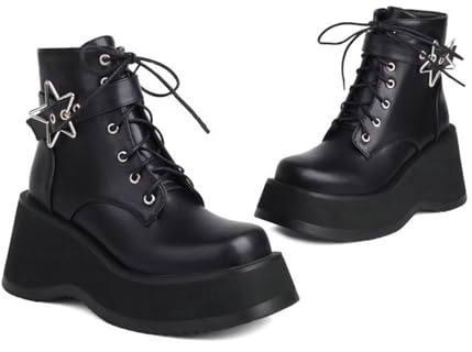 KUHAOFEU Botines De Punk de Tacón De Cuña con Plataforma para Mujer Lado Cremallera,Black PU Leather,40 EU
