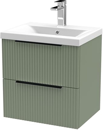 Balterley Vanity Unit with Basin Wall Hung, 2 Drawer Soft Close with Mid Edge Sink and Handles, Bathroom Vanity Units with Basin, Fluted Front Sink Cabinet - 510 x 390 x 540mm (Green)