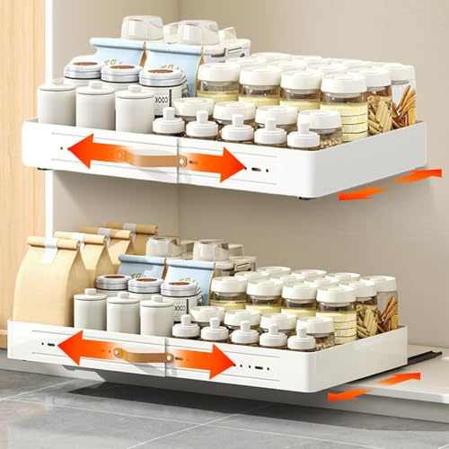 Hodeffior Telescopic Drawer, Extendable Drawer Kitchen, Extendable Cupboard Organiser with Rail System and Adhesive, Expandable Kitchen Cabinet Organiser, No Drilling Required, 35-51 cm W x 41.5 cm D