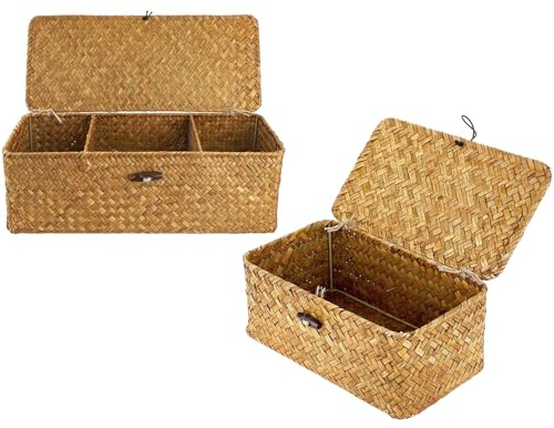 2 Piezas Cestas con Tapa Mimbre, Rectangular Tejidas a Mano Cesta Almacenaje, Cestas Almacenaje Mimbre para Baño, Sala de Estar, Cocina (Naranja Claro)