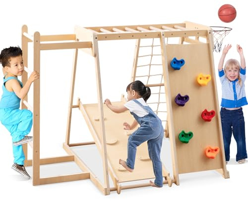 COSTWAY 6 en 1 Aire de Jeux d'escalade Intérieure en Bois avec Toboggan & Rampe, Triangle d'escalade Montessori Enfant avec Échelle & Panier & Barre de Singe, Charge 75kg pour 3-14 Ans