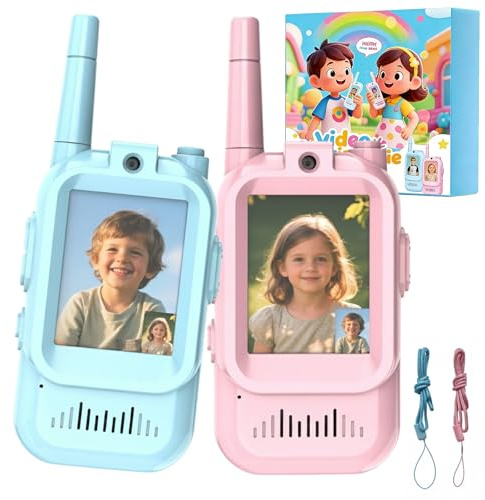 YipuVR Video Walkie Talkies for Kids - 2 Pack, Rechargeable, 6 Voice Effects, Long Range Video Intercom, 2 Way Radio Kids Walkie Talkies for Ages 3-12 Boys Girls Indoor Outdoor (Blue+Pink)