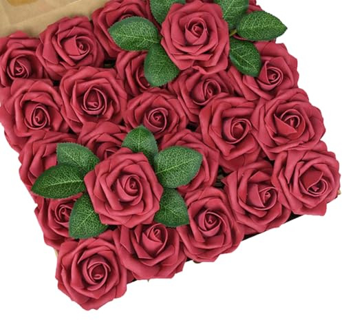 MUNSKT 25 rosas rojas artificiales, decoración del día de San Valentín, rosas realistas para manualidades, ramo de novia, centro de mesa, arreglo de fiesta, decoración del hogar