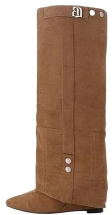 Generisch 2026 Knee-High Boots Women's Turn-Up Boots Overknee Boots with Heel Block Heel Transition Boots Elegant Knee Boots Medieval Shoes Retro Women's Boots, brown, 2 UK